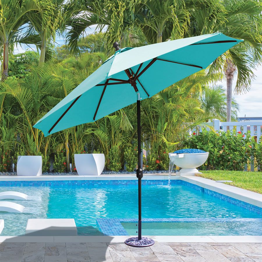 Galtech 9 ft. Dark Wood Double Pulley Lift Umbrella - True Blue Sunbrella 23273